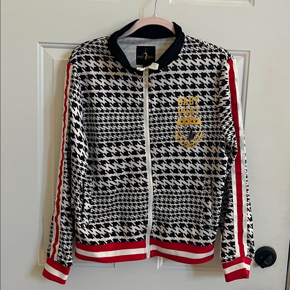 Baby Phat Full Zip Jacket Women's Size Medium Plaid Red Stripe Sleeves Cat Logo